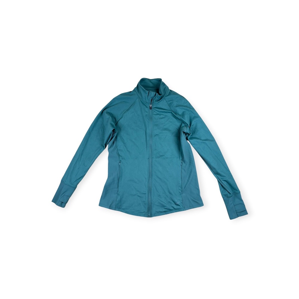 Freely Womens Teal Blue Full Zip Performance Jacket Mock Neck Thumbholes Size M